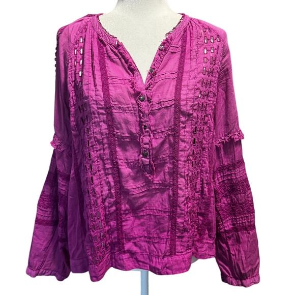 Burning Torch Tops - Burning Torch Los Angeles Boho Pintuck Cutwork Peasant Top – Fuchsia – Size M